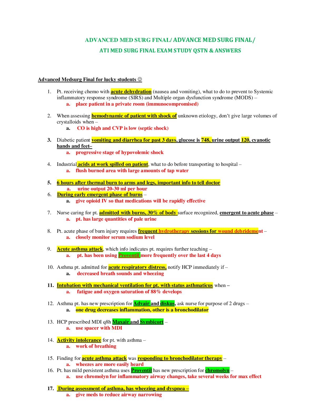 Preview of ADVANCED MED SURG FINAL-ADVANCE MED SURG FINAL- ATI MED SURG EXAM QSTN & ANSWERS